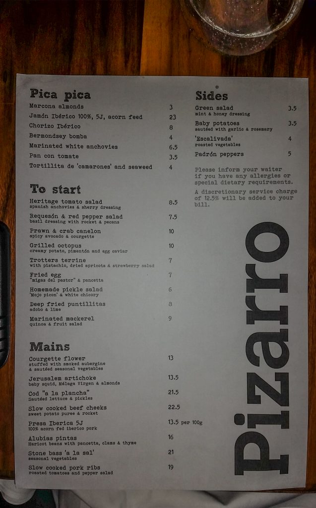 Pizarro Menu